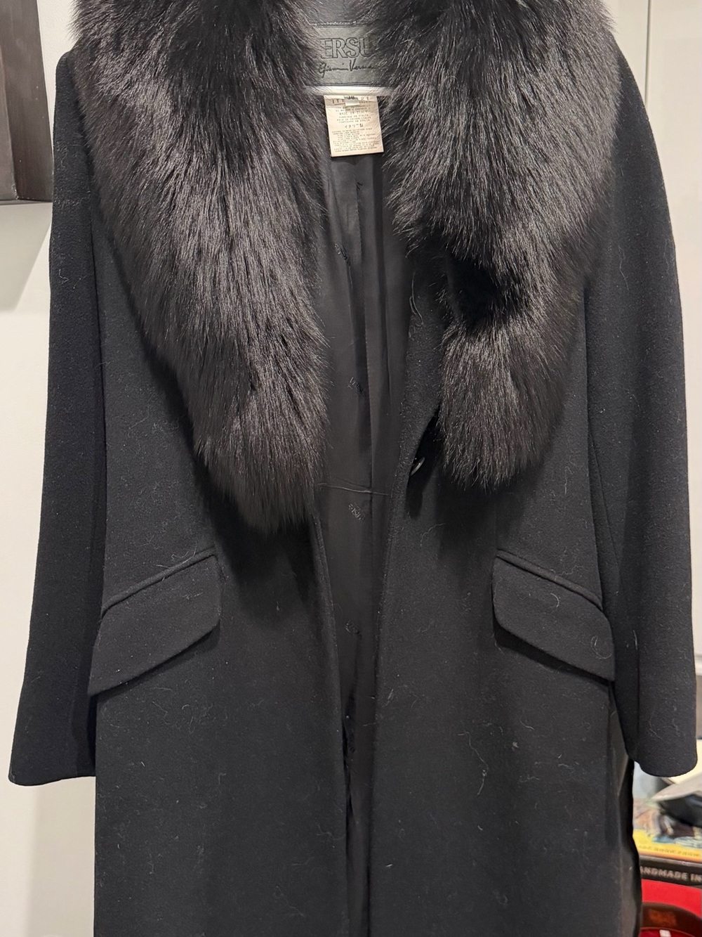 Vintage Versace Black Wool Coat with Fox Fur Collar